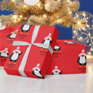 Personalized Cute Christmas Penguin in Red Hat Wrapping Paper