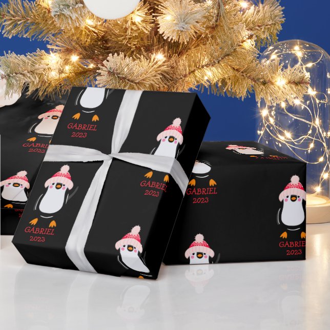 Personalized Cute Christmas Penguin in Red Hat  Wrapping Paper (Holidays)