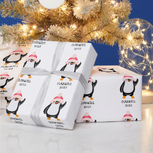 Personalized Cute Christmas Penguin in Red Hat  Wrapping Paper
