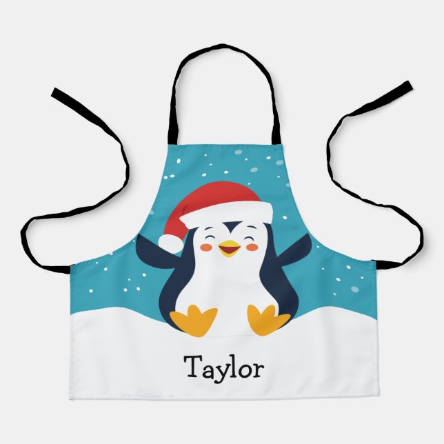 Personalized Cute Christmas Penguin Kids Apron (Front)