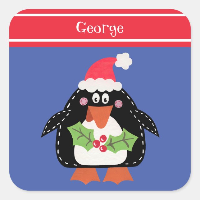 Personalized Cute Christmas Penguin Square Sticker (Front)