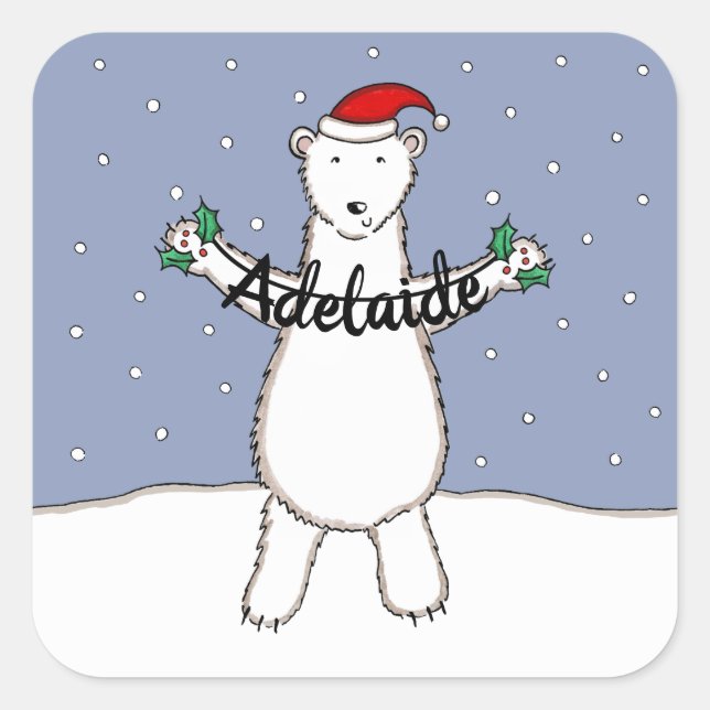 Personalized Cute Christmas Polar Bear Christmas Square Sticker (Front)