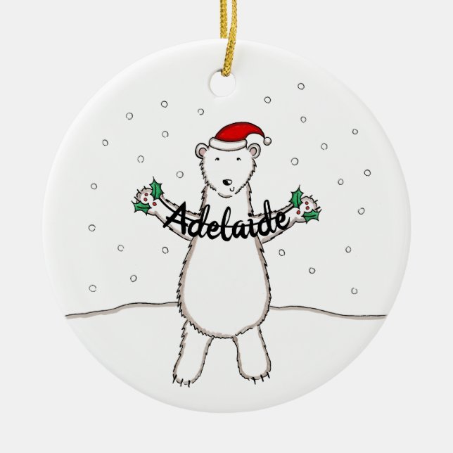 Personalized Cute Christmas Polar Bear Tree Ceramic Ornament (Front)