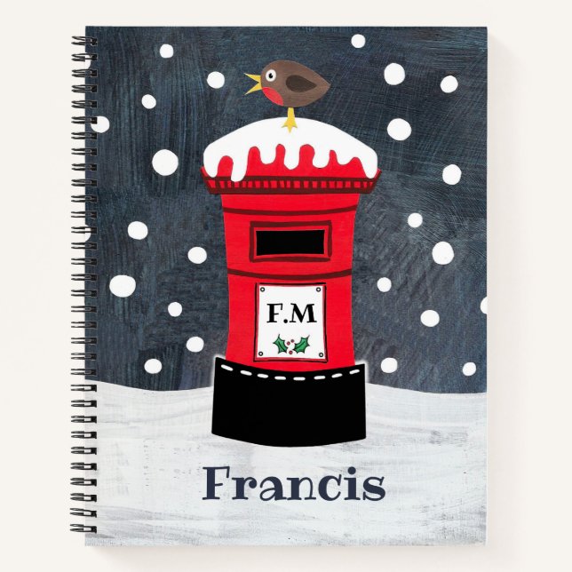 Personalized Cute Christmas Post Box & Robin Notebook (Front)