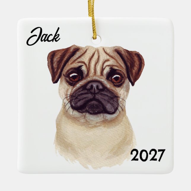 Personalized Cute Christmas Pug Ceramic Ornament (Front)