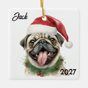 Personalized Cute Christmas Santa Pug Ceramic Ornament