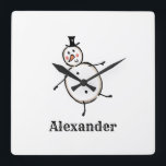 Personalized Cute Christmas Snowman Acrylic Square Wall Clock<br><div class="desc">This personalized Christmas clock features the Christmas Crew's Snowman Character.</div>