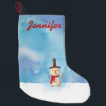 Personalized Cute Christmas Snowman Waving Small Christmas Stocking<br><div class="desc">A personalized Christmas stocking with a cute snowman illustration. He is wearing a black stovepipe hat, holding a classic corn cob pipe, and wearing a red scarf. Standing in the cold white snow smiling and waving hello. The background is composed of a watercolor sky with blue and purple colours blending...</div>