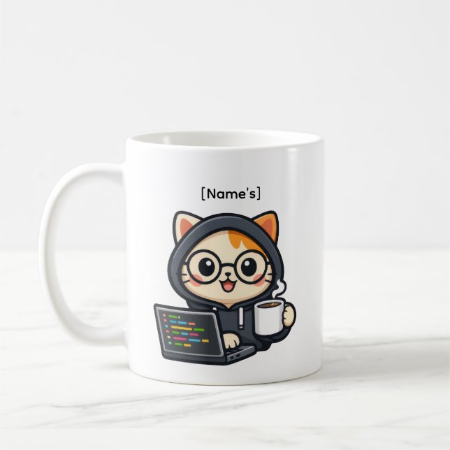 Personalized Cute Coder Cat Coffee Mug (Left)