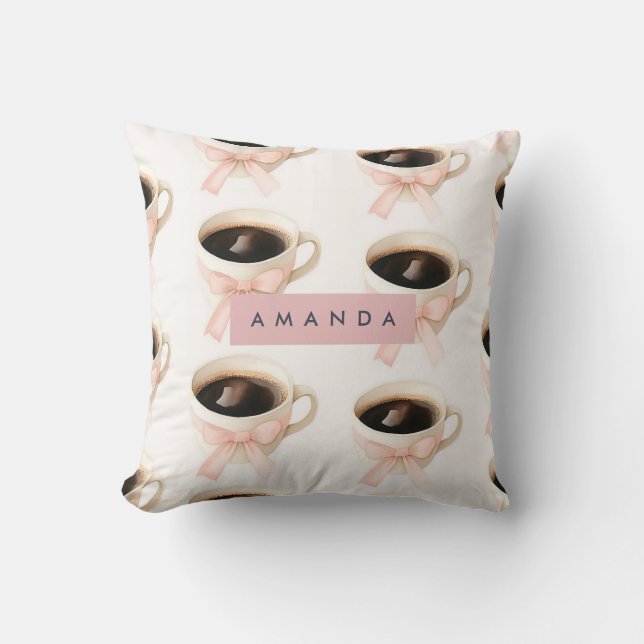 Personalized Cute Coffee Cup Coquette Pattern Throw Pillow (Front)