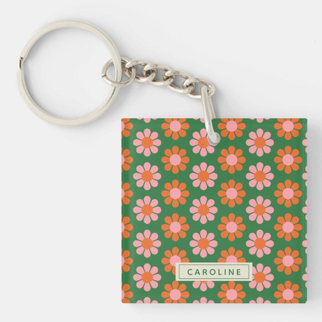 Personalized Cute Colourful Retro Floral Green Pin Keychain (Front)