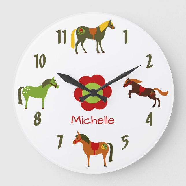 Personalized Cute Colourful Retro Ponies Horse Large Clock (Front)