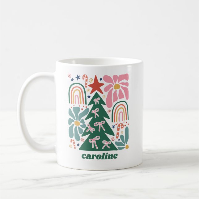 Personalized Cute Coquette Bow Floral Christmas Coffee Mug (Left)