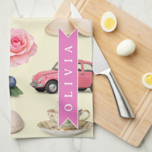 Personalized Cute Coquette Pink Cocktail Ribbon Kitchen Towel
