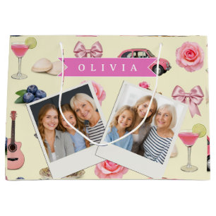 Personalized Cute Coquette Pink Cocktail Ribbon Large Gift Bag