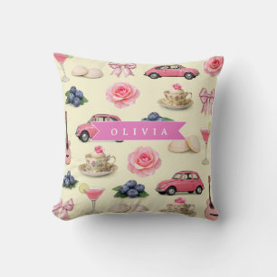 Personalized Cute Coquette Pink Cocktail Ribbon Throw Pillow