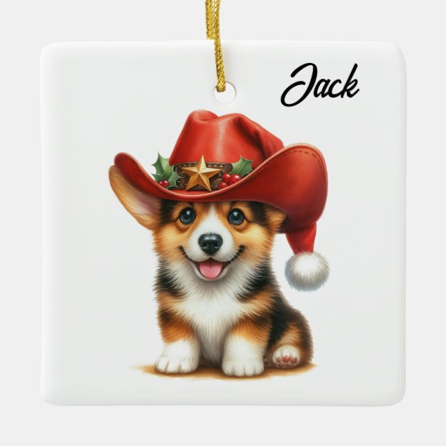 Personalized Cute Corgi Cowboy Santa Hat Christmas Ceramic Ornament (Front)