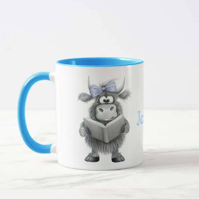 Personalized Cute Cow Mug with Blue Handle (Left)