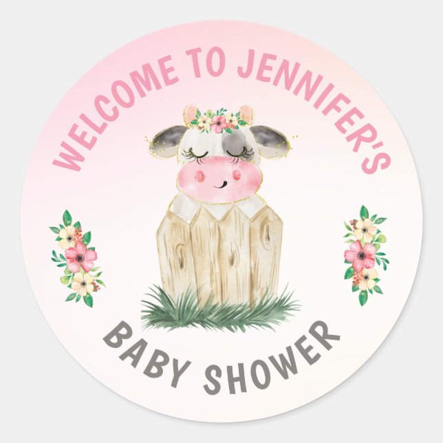 Personalized Cute Cow Pink Gold Baby Shower   Classic Round Sticker (Front)