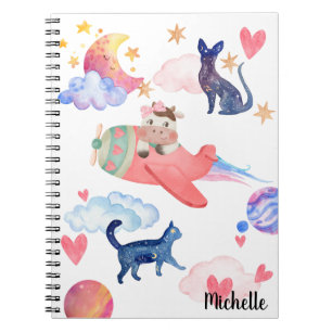 Personalized Cute Cow Space Cats Moon Whimsical Notebook