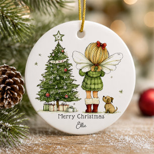Personalized Cute Cozy Fairy and Puppy Christmas  Ceramic Ornament