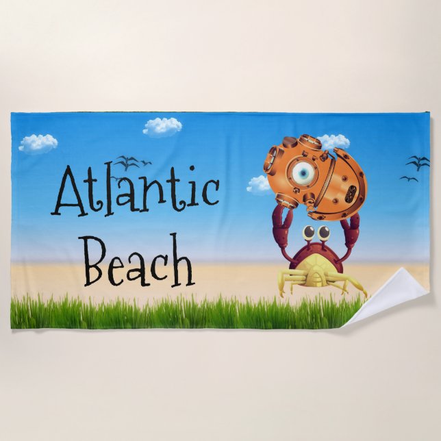 Personalized Cute Crab Holding Diving Helmet Beach Towel (Front)