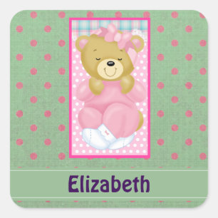 Personalized Cute Cuddly Bear Dressed in Pink Square Sticker
