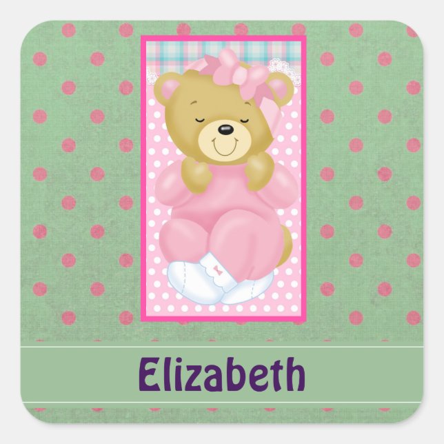 Personalized Cute Cuddly Bear Dressed in Pink Square Sticker (Front)