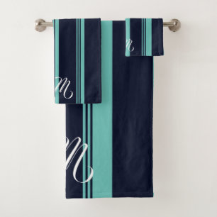 Personalized Cute Cursive Blue Vertical Stripes Bath Towel Set