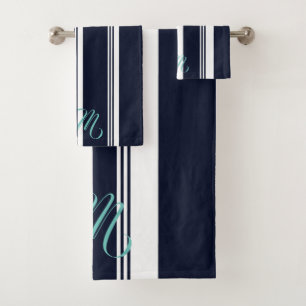 Personalized Cute Cursive Navy Vertical Stripes Bath Towel Set