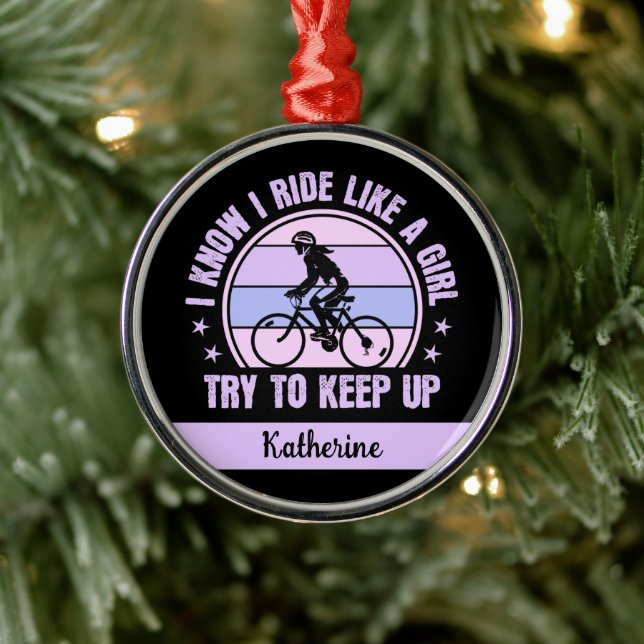 Personalized Cute Cycling Girl Bicycle Funny Metal Ornament (Tree)