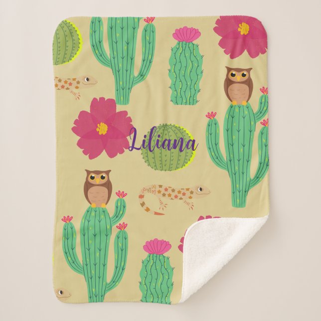 Personalized Cute Desert Animals and Cactus  Sherpa Blanket (Front)