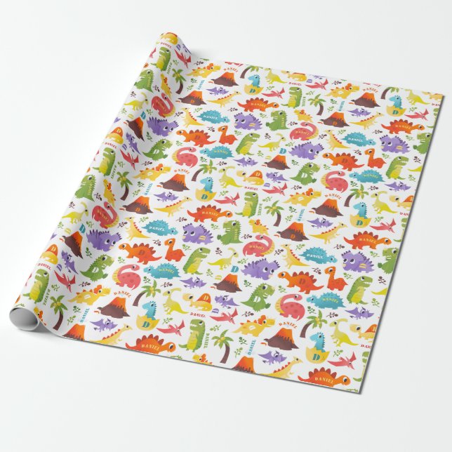 Personalized Cute Dinosaur wrapping paper (Unrolled)