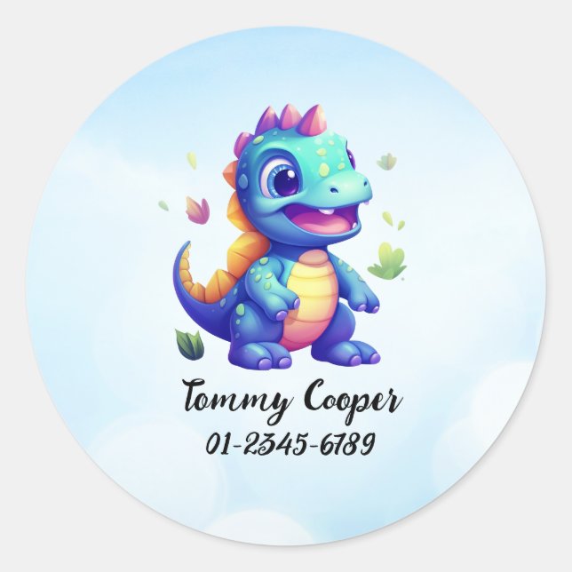 Personalized Cute dinosaurs, Name,Phone number Classic Round Sticker (Front)