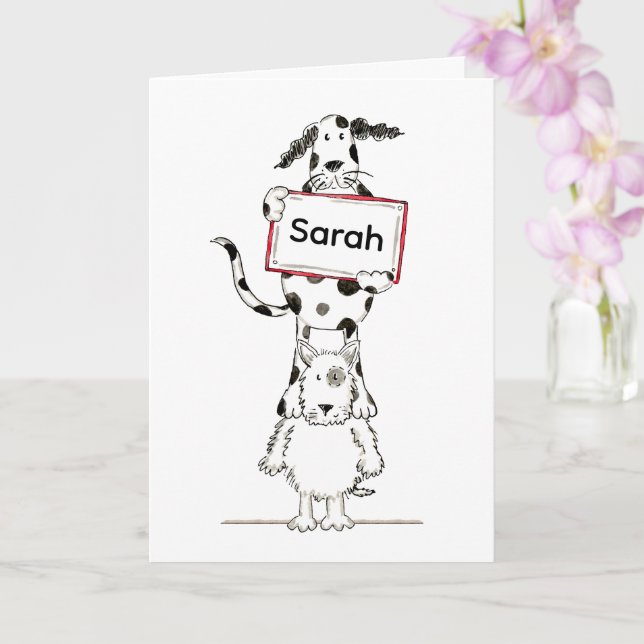 Personalized Cute Dog Acrobats Birthday Card (Orchid)