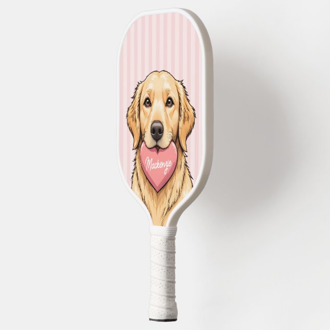Personalized Cute Dog with Pink Heart Pickleball Paddle (Left)