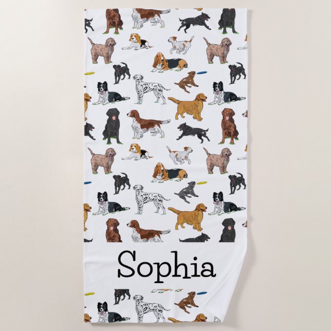 Personalized Cute Dogs Illustrations Pattern Beach Towel (Front)