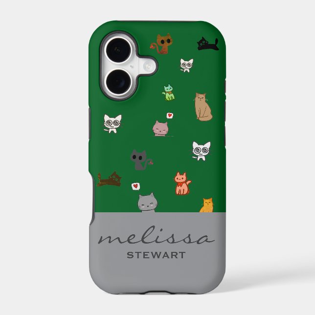 Personalized cute doodle cats kawaii green silver (Back)