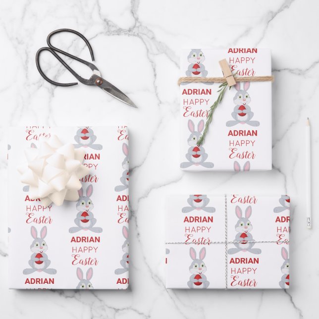 Personalized Cute Easter Rabbit Red Easter Egg Wrapping Paper Sheet (Front)
