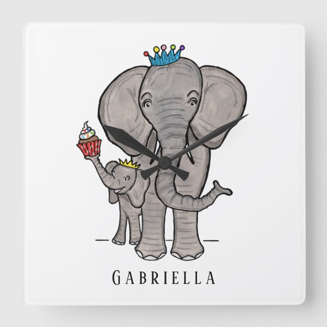 Personalized Cute Elephant and Baby Square Wall Clock (Front)