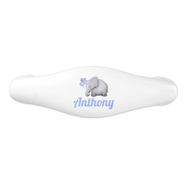 Personalized Cute Elephant Baby Boy Blue Nursery Ceramic Drawer Pull (Front)
