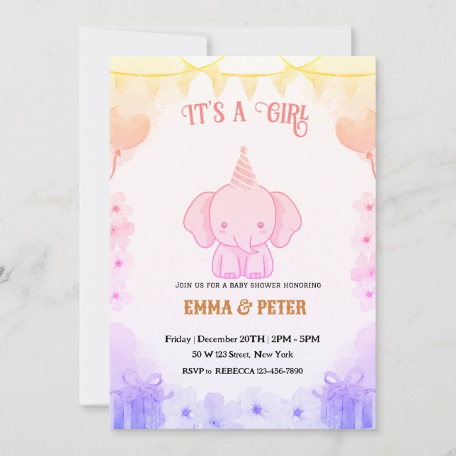 Personalized Cute Elephant Pink Baby Shower Invitation (Front)