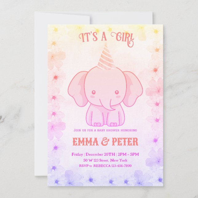 Personalized Cute Elephant Pink Baby Shower Invitation (Front)