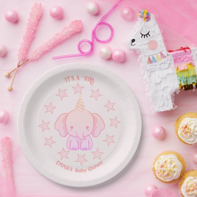 Personalized Cute Elephant Pink Baby Shower Paper Plate (Party)