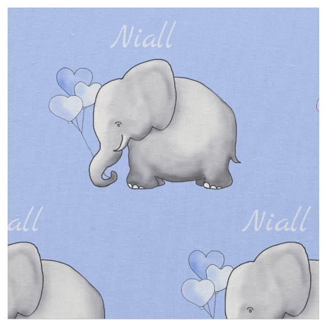 Personalized Cute Elephants Baby Boy Nursery Fabric (Close Up)