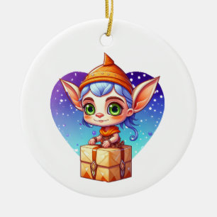 Personalized Cute Elf Christmas Ceramic Ornament