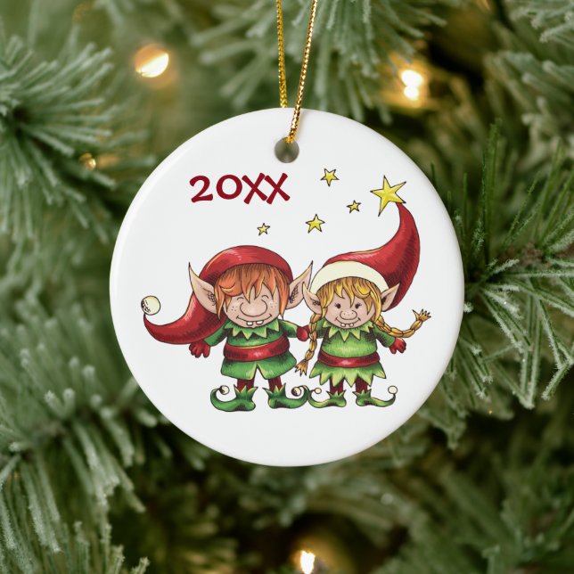 Personalized Cute Elf Couple Holiday Christmas Ceramic Ornament (Tree)