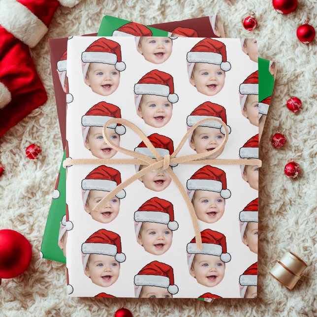 Personalized Cute Face Photo Santa Hat Christmas Wrapping Paper Sheet (Creator Uploaded)