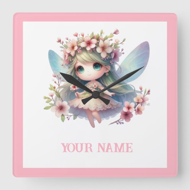 Personalized cute Fairy & Floral Wreath Square Wall Clock (Front)