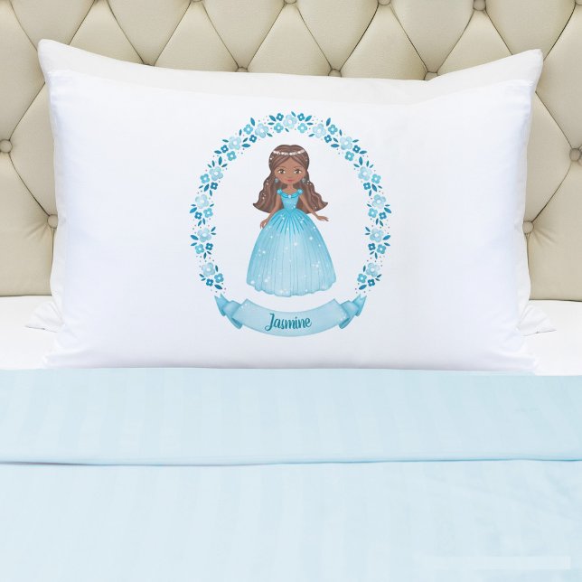 Personalized Cute Fairytale Princess Girl  Pillowcase (A cute girls blue princess pillowcase. Personalize it with your girls name. So cute for her bed.)